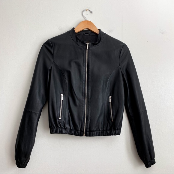 BCBGMaxAzria Leather Black Bomber Jacket Minimalist Collarless Luxury Timeless S - Picture 3 of 9